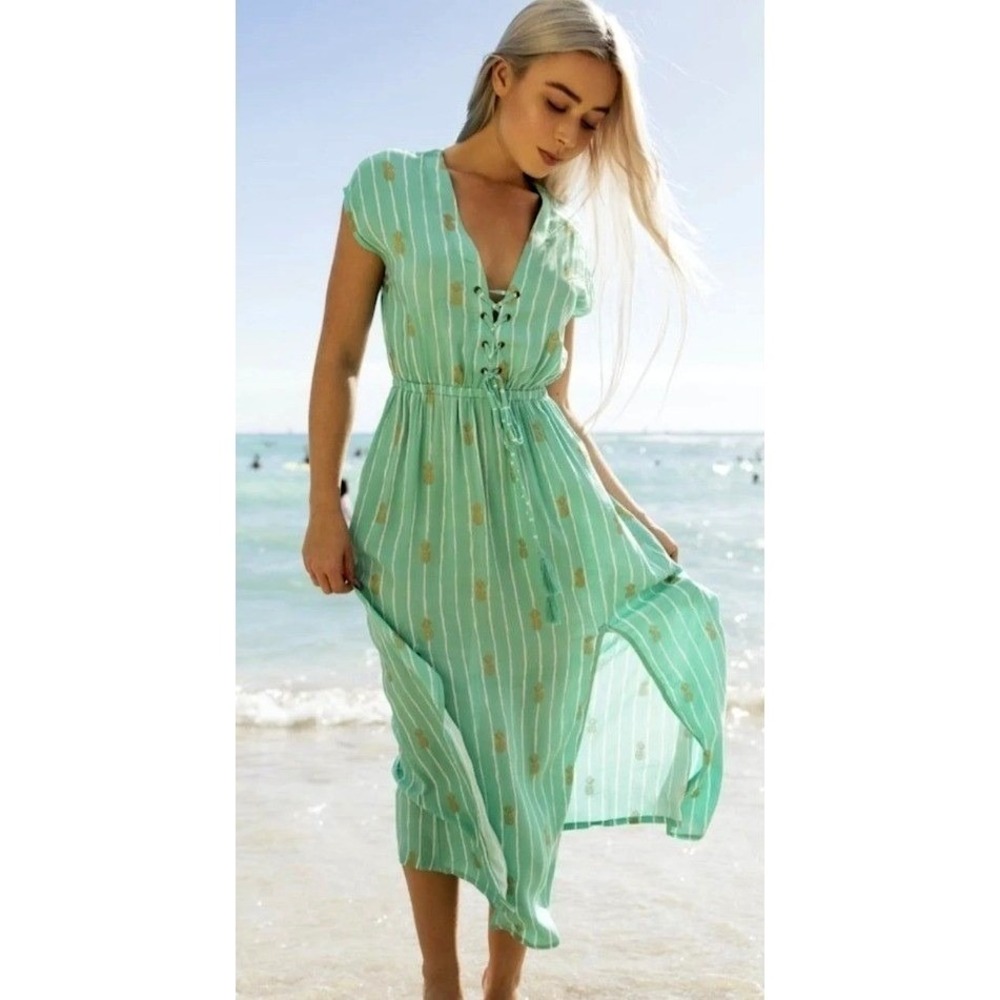 Angels by the Sea Hawaii Maxi Dress Teal Gold Pineapple Lace Up Beach XL
